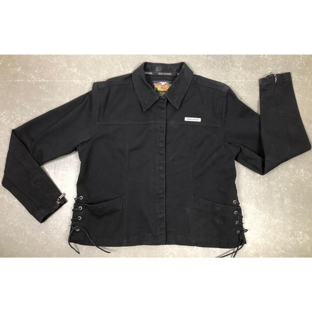 HARLEY Davidson womens black denim jacket sz XL Pockets, Zipper Arms, Embroidery